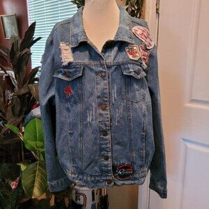 Women's denim blue jacket rocker destroyed hole patches rocker plus size 3X